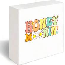 Retro 70s-Style Decorative Wood Box - White Square With Multicolored 'HONEY MORNIN'' Text (Pink H, Orange O/M/R, Yellow N/N, Light Blue E/I, Green Y, Red Star Apostrophe) & White Daisies With Yellow Centers, Whimsical Playful Design, 3D Subtle Shadow, Ideal Home Decor Accent - White - View 6