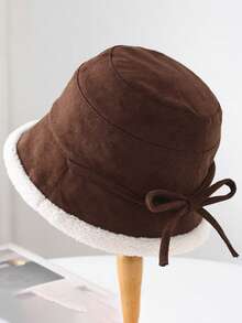 1pc Women's Retro Suede Bow Tie Fuzzy Bucket Hat, Warm Windproof Thick Bucket Hat, Fashionable Versatile Casual Outdoor Use, Autumn/Winter