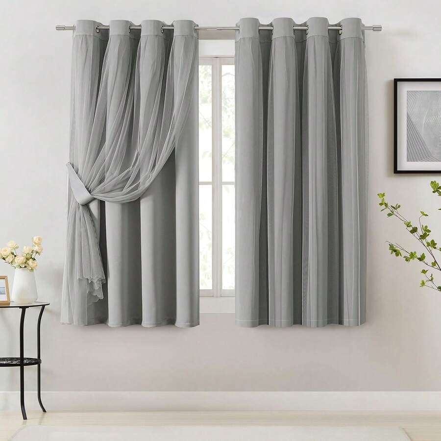Beige 80% Blackout Curtains With Sheer Overlay, Double Layer Thermal Insulated Window Panels, 63 Inch, Living Room And Bedroom, Beige Drapes With Tiebacks, Grommet Top, 37 X 63 L X 2, Modern Home Decor - 灰色 - 查看 1