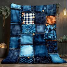 1pc Denim Patchwork Quilted Plaid Stitched Flannel Blanket| Soft Warm All-Season, Polyester, Ideal For Sofa, Bed, Office, Camping, Travel, Perfect Gift For Birthday, Anniversary, Festive Pattern, Home Decor - White - View 5