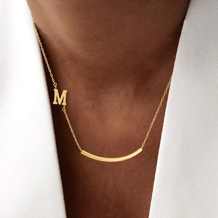 1pc New Simple Fashion Golden Initial Simle Tube Pendant Stainless Steel Chain Necklaces For Women - Yellow Gold - View 1