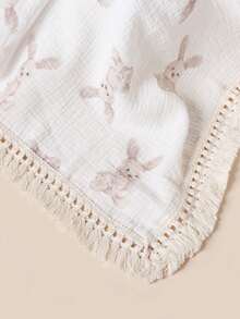 1pc Unisex Soft Gauze Baby Blanket With Bunny/Squirrel Print - Tassel Edge Breathable Stroller Crib Wrap