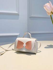 Cute Children's Flip Bow Mini Messenger Bag Simple Solid PU Leather Girls' Handbag Small Change Candy Bag Joker Stylish CasualShoulder Bag Lightweight Portable Square Bag Suitable For Girls To Travel And Vacation - White - View 1