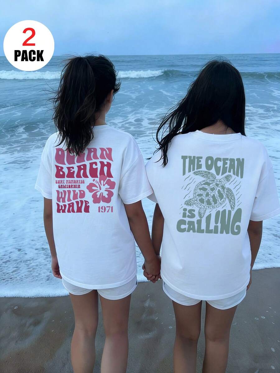 Set de 2 camisetas de cuello redondo de manga corta con estampado casual para niñas, adecuadas para que los estudiantes usen en verano - Camiseta gráfica con tortuga marina y flores de colores que traen alegría y felicidad a cada niño! Ropa infantil, camiseta gráfica para niñas, top de verano, ropa para niñas preadolescentes