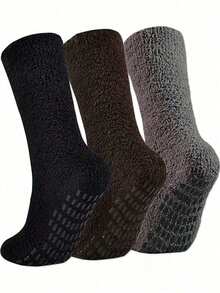 1/2/3双装珊瑚绒纯色加厚袜，女士中筒保暖绒袜，适合秋冬季、产后、睡眠穿着，防滑家居袜，情侣袜 - 彩色 - 查看 4