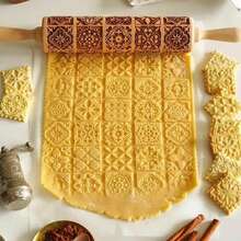 Rodillo de Navidad con patrones de flores, molde de galleta 3D de madera grabado con láser, herramientas de repostería, rodillo de masa - A - Ver 3