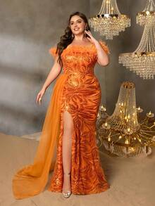 Faeriesty Plus Off Shoulder Contrast Mesh Split Thigh Sequin Formal Dress - Orange - View 3
