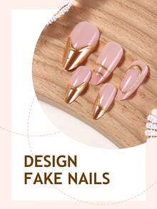24片法式亚克力美甲贴纸，中号杏仁形，3D金色线条艺术装饰，简约甜美Y2K风格，表面光滑，全覆盖假指甲，适合女性和女孩日常佩戴 - 彩色 - 查看 3