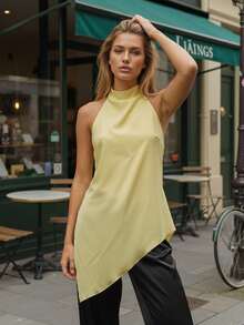 Women's Asymmetrical Halter Top Dressy Sleeveless Flowy Tank Tops Sleeveless Asymmetrical Halter Top High Neck Loose Fit Flowy Tank Top Backless Casual Dressy Blouse Shirts - 黃色 - 查看 4