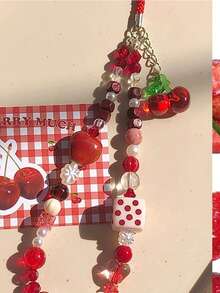 1 chiếc dây đeo điện thoại, dây đeo máy ảnh, dây đeo cổ tay chống thất lạc tự làm bằng hạt cườm hình quả anh đào hoạt hình. - Đỏ và trắng - Xem 3