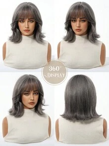 Tóc giả ngắn màu xám 10 inch có mái, tóc giả tổng hợp xoăn, chịu nhiệt, hoàn hảo cho phụ nữ sử dụng hàng ngày. - Xám - Xem 5