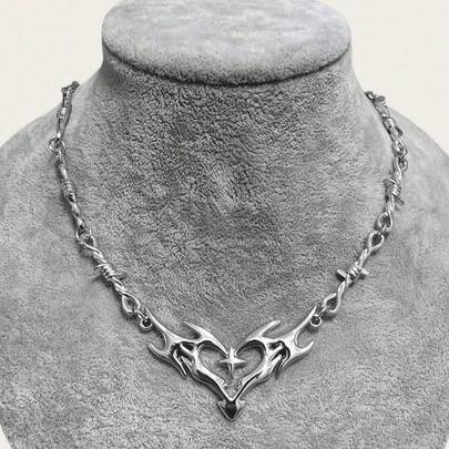 A Cool, Silver Punk Gothic Necklace With A Cross, Thorns, Barbed Wire, Flame, And Heart Design. Suitable For Men, It's A Perfect Halloween Gift, Party Present, Holiday Gift, Or Valentine's Day Present For Your Partner.
