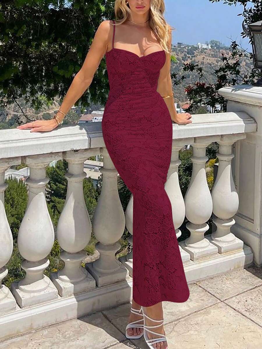 Đầm maxi ôm sát, thanh lịch, gợi cảm với dây đeo mảnh, chất liệu ren, thích hợp cho kỳ nghỉ, tiệc tùng, dạ hội, đám cưới, mùa xuân. - Màu Đỏ Sâu - Xem 1
