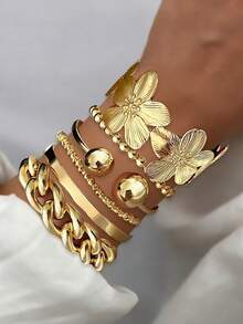 5/1pc Vintage Elegant Bohemian Style Delicate Floral Plain Twisted Geometric Open Bangle Bracelet Set, Suitable For Women's Daily, Party, Holiday, Beach Wear, Accessory, Perfect Gift - Gold 24 - View 3