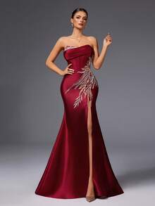 VIPGIRL Latest Design Handmade Two-Piece High Slit Burgundy Luxury Soft Elegant Evening Dress - Burgundy - View 6