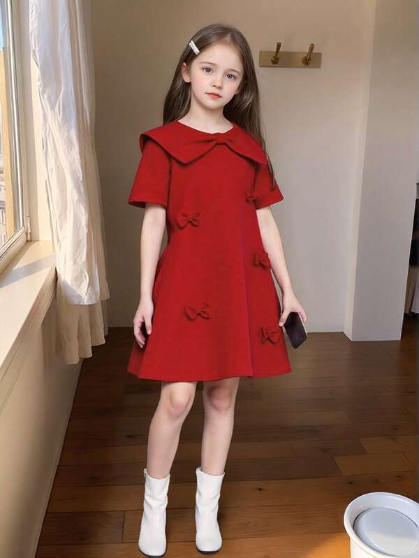 Girls' Red Festive Short Sleeve Bow Tie Dress, Children's Solid Color Bowknot Casual Vacation Dress, Elegant Teenage Girl Clothing