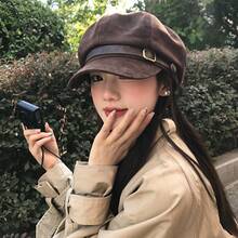 Women's Melard Vintage Suede Beret - Octagonal Trim Small Brim Hat, Melard Color (Rich Version), Autumn Winter Warm, French Style, Suitable For Casual And Formal Wear - màu nâu cà phê - Xem 5