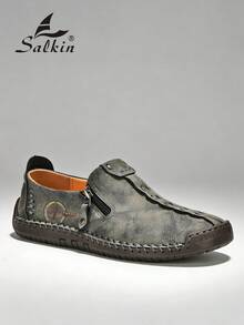 Salkin 经典设计师手工男士乐福鞋，纯色仿麂皮鞋面，侧拉链，休闲一脚蹬鞋，内衬柔软舒适，防滑橡胶外底，适合户外散步和驾驶 - 灰色 - 查看 10