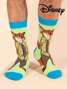 2/1 Pair Disney Zootopia Pattern Men's Crew Socks, Cute Cartoon Unique Disney Men's Socks With Nick Wilde Design, Odor-Resistant Breathable Casual Versatile Sports Crew Socks With Cartoon Pattern, Suitable For Students/Adults As Gifts And Daily Use, Couple Matching