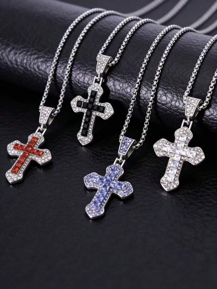 1 pezzo Collana da uomo con pendente a croce in lega di zinco stile hip hop, gioiello europeo e americano, accessorio adatto per una dichiarazione di moda - Attraverso - Visualizzare 1