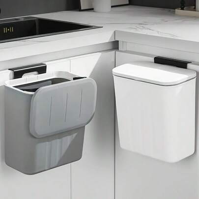 1pc Hanging Trash Can, Small Covered Garbage Bin, Suitable For Kitchen Cabinet Door Or Sink, Bathroom Covered Trash Can, Food Waste Bin, Compost Bin, With Hanging Hook On Back