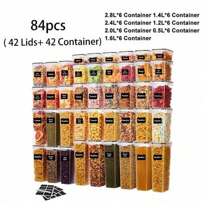 84pcs Large Multi-Combination Airtight Food Storage Containers With Flip-Top Lids, Stackable Pantry Jars Suitable For Flour, Sugar, Dry Goods - Heavy-Duty Plastic Kitchen Canisters With Labels & Marker, Space-Saving Organization