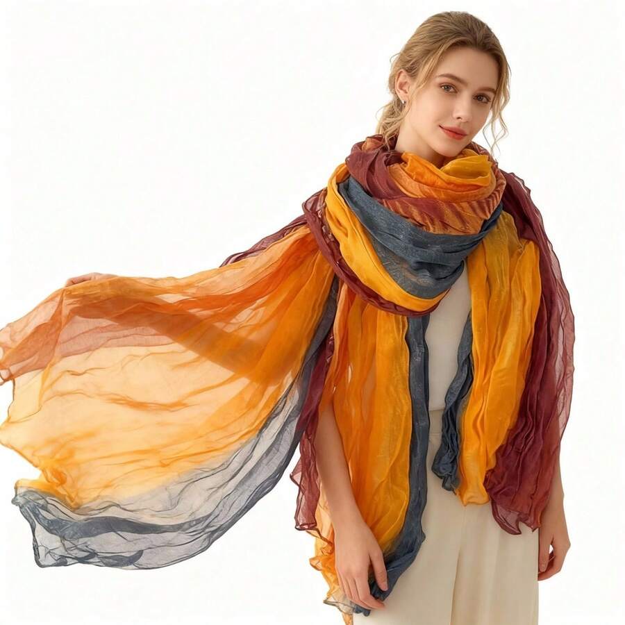 This Is A Scarf With Natural Color Transitions And Artistic Flair. The Fabric Is Light And Soft With A Natural Wrinkled Texture That Not Only Adds To The Scarf's Three-Dimensionality But Also Enhances Its Casual And Elegant Charm. Can Be Used As The Finishing Touch For Outfits, Enhancing The Style's Sophistication And Adding A Gentle And High-End Atmosphere To The Overall Look, Suitable For Various Occasions - trái cam - Xem 1