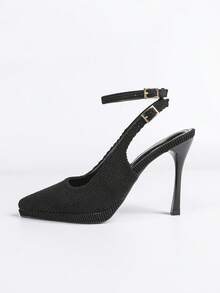 Women's Pointed Toe Thick Sole Backless Sandals With Metal Buckle, Elegant Basic High Heel Shoes For Summer & Autumn - Black - View 6