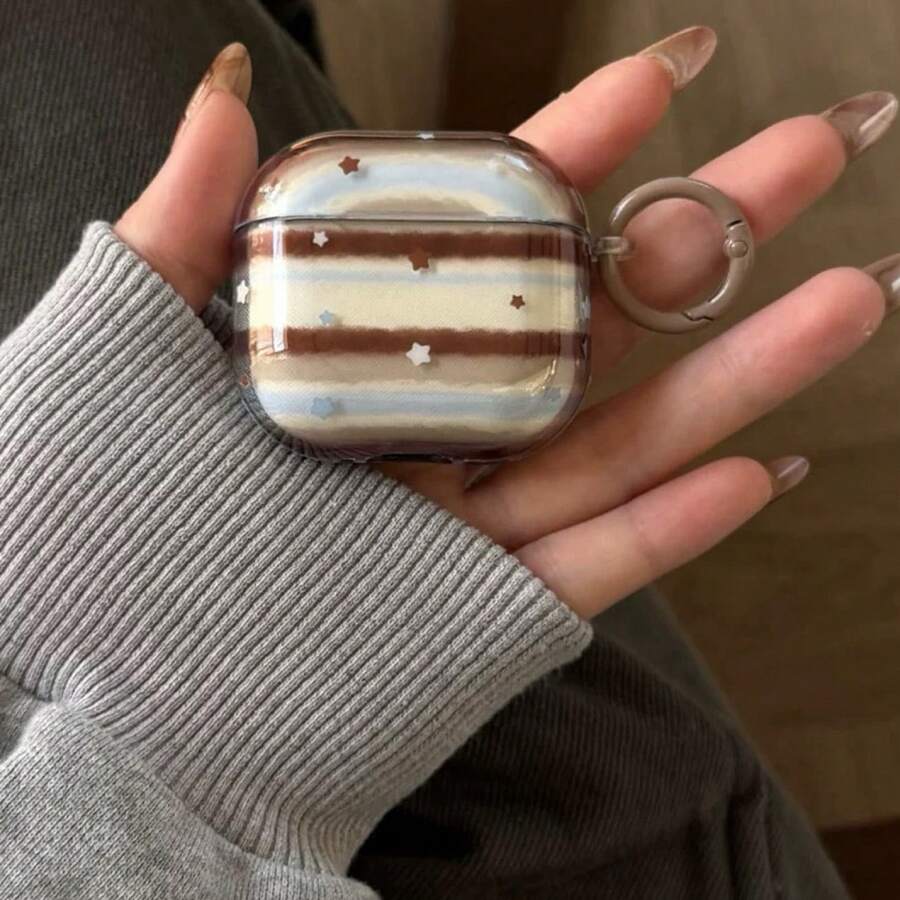 复古透明蓝棕条纹星形图案 Pro 3 耳机保护套，柔软保护套，兼容苹果 4/2 无线蓝牙耳机，Pro 新款 3/2 代，韩版 - 彩色 - 查看 1