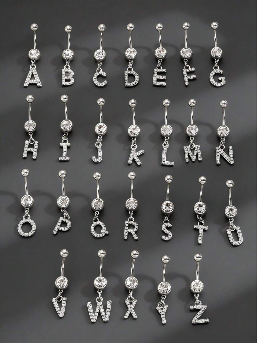 1件极简朋克风水钻26字母不锈钢人体饰品，肚脐环，身体穿刺配饰，女士人体饰品，适合日常休闲佩戴、情人节、度假、节日，是送给女性和女友的绝佳礼物，夏季西式风格礼物 - 銀色 - 查看 1