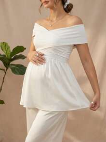 Maternity Off-Shoulder Ruffle Hem Blouse Elegant White Short Sleeve Flare Hem Blouse - White - View 1