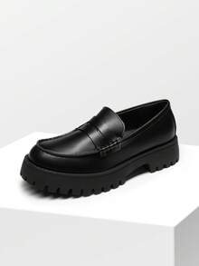 Women Platform Loafers 1.57-Inch Chunky Mid-Heel Flatform Loafer Round Toe Versatile Classic Casual Slip On Shoes, 2026 New Spring Summer Shoes - 黑色 - 查看 11