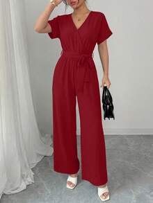 Women's Jumpsuit Casual Short Sleeve Wrap V Neck Belted Wide Leg Pants - 酒紅色 - 查看 4