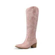 Womens Cowboy Boots Western Comfortable Chunky Heel Square Toe Fashionable Vintage Embroidered Cowgirl Knee High Boots - 粉色 - 查看 10