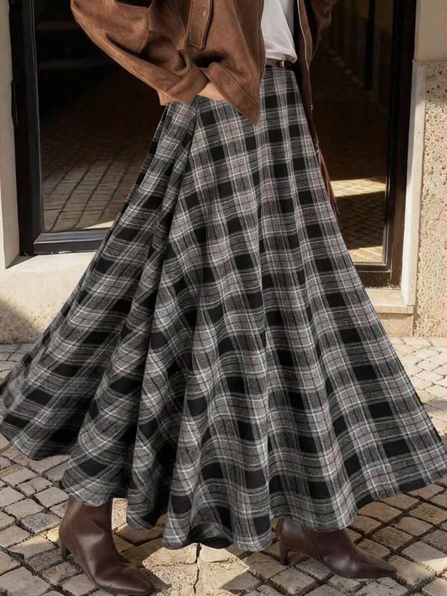Chân váy maxi kẻ caro EARO Chic dành cho nữ, cạp cao, dáng chữ A, chất liệu len pha, thích hợp mặc đi làm. - Xám - Xem 1
