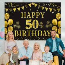 1 tấm, phông nền phẳng 2D, màu đen vàng, chúc mừng sinh nhật lần thứ 50, làm bằng vải polyester, có hình bóng bay, biểu ngữ và pháo hoa, dùng để trang trí tiệc sinh nhật lần thứ 50, tiệc nghỉ hưu, kỷ niệm, các dịp lễ trọng đại, phông nền sinh nhật, lễ kỷ niệm sinh nhật, tiệc lễ hội, trang trí bàn bánh, trang trí tường, trang trí nhà/vườn/trong nhà/ngoài trời, đạo cụ phông nền chụp ảnh, đồ dùng/quà tặng trang trí tiệc. - Nhiều màu - Xem 5