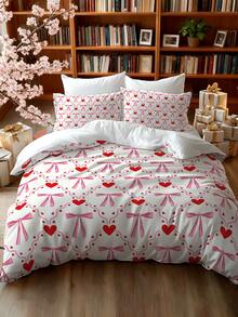 2/3pcs Bedding Set, Princess Style Bow & Heart Print Pattern, Comfortable Bedroom Decor, Suitable For Valentine's Day, Birthday, Holiday Gift (1*Duvet Cover+1/2*Pillow Case), Excluding Filler Material - 2601DM52 - View 3