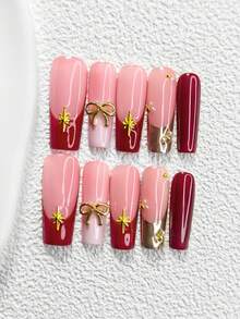 10pcs French Manicure Nail Stickers, Chic Style With Gold & Deep Red French Tips, Pearlescent Star Design, 3 Styles Available: Almond, Square, Stiletto Shapes, Includes Tool Kit (1 Jelly Sticker + 1 Nail File), Suitable For Women & Girls, Daily, Photography, Party, Wedding Nails Nail Supplies - 彩色 - 查看 4