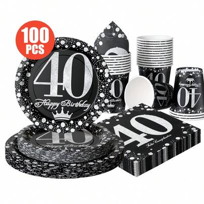 40th Birthday Black & Shiny Star Disposable Plates, Napkins, Cups - One-Time Party Supplies Set, Fits 25 Guests, Disposable Paper Plates Suitable For Birthday, Wedding, Theme Party, Family Picnic