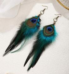 Pendientes largos de plumas para mujer, pendientes colgantes de plumas bohemias, pendientes de plumas naturales, pendientes de plumas negras WNCJ - Z - Ver 4