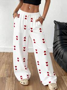 Quần ống rộng in hình trái tim trắng, quần thể thao thoải mái, cạp chun có dây rút, thích hợp cho ngày Valentine. - Đỏ - Xem 4