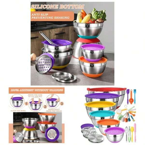 Mixing Bowls With Airtight Lids Set, 26PCS Stainless Steel Khaki Bowls With Grater Attachments, Non - Slip Bottoms Kitchen Gadgets Set, Size, 4, 2.5, 2.0, 1.5, 1QT, Great Mixing Serving