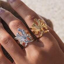 2pcs/1pc Minimalist 18K Gold Plated Stainless Steel Ginkgo Leaf Rings, Can Be Stacked With Other Rings, Women's Jewelry, Fashionable Accessories Suitable For Daily Wear Or As Gifts, Also Suitable For Parties, Holidays And Everyday Wear. - Multicolor - View 5