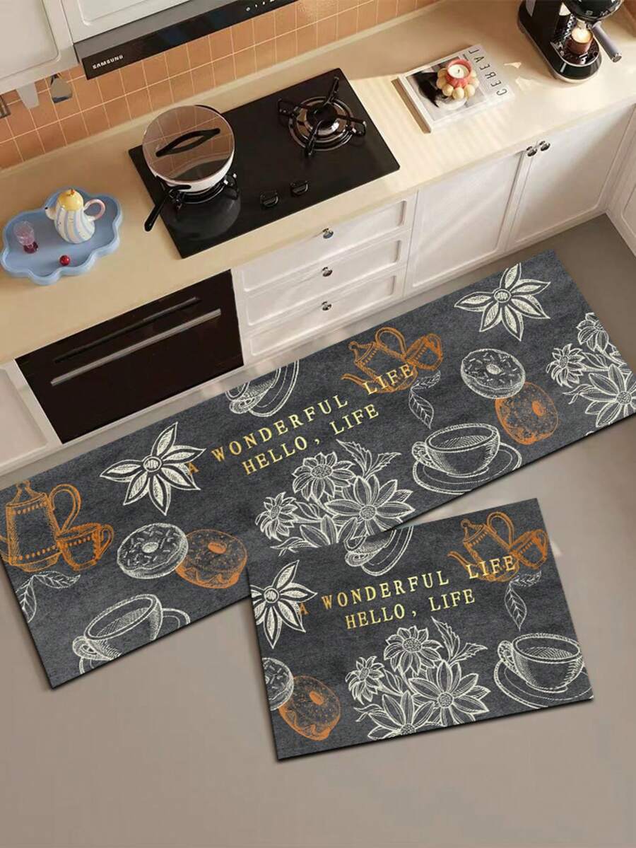 1pc Silicone Kitchen Mat With Combination Pattern Of Life & Food Themes: Dark Gray Background With Hand-Drawn Teaware (Teapot, Cup), Doughnut, Spice (Star Anise), Floral Elements, And English Phrases "WONDERFUL LIFE" And "HELLO, LIFE"