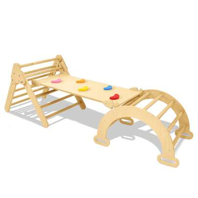 3-In-1 Indoor Climbing Structure With Bars, Wooden Climbing Frame Set For Toddlers, Children's Pikler Triangle, Slide And Climbing Structures For Babies, Indoor Play Equipment