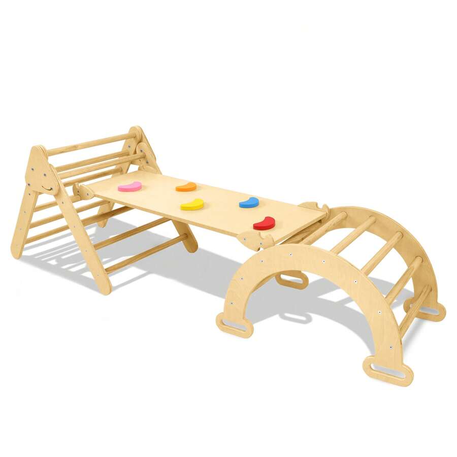 3-In-1 Indoor Climbing Structure With Bars, Wooden Climbing Frame Set For Toddlers, Children's Pikler Triangle, Slide And Climbing Structures For Babies, Indoor Play Equipment - 橘色 - 查看 1