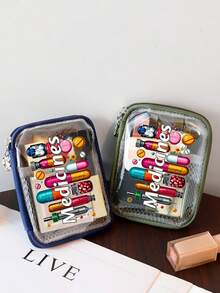 Compact And Portable Medical Kit Printed With "Medicines" And Pill Pattern,Travel Zipper Medical Kit,Transparent Medicine Storage Bag,Medicine-Themed Storage Bag, Version Of Travel And Home Portable Storage Bag,Transparent Waterproof Storage Bag,Mini Makeup Bag,For Medicines, Cosmetics, And Data Cable - Multicolor - View 8