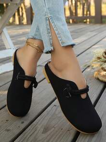 Women's Linen Rope Decor Slip-On Mules, Solid Color Casual Loafers Flat Round Toe Backless Shoes, Spring/Autumn - Black - View 4