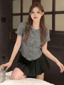New 3D Floral Round Neck Short Sleeve Knit T-Shirt For Women, Asymmetrical Frill Trim Cropped Top, Spring/Summer - Gray - View 3