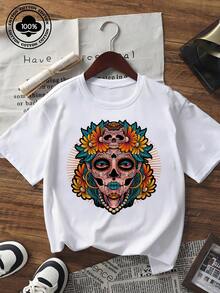 Camiseta de manga corta para mujer, casual, con estampado gráfico de calavera de azúcar y flores, de corte holgado, cuello redondo, para uso diario - Blanco - Ver 6